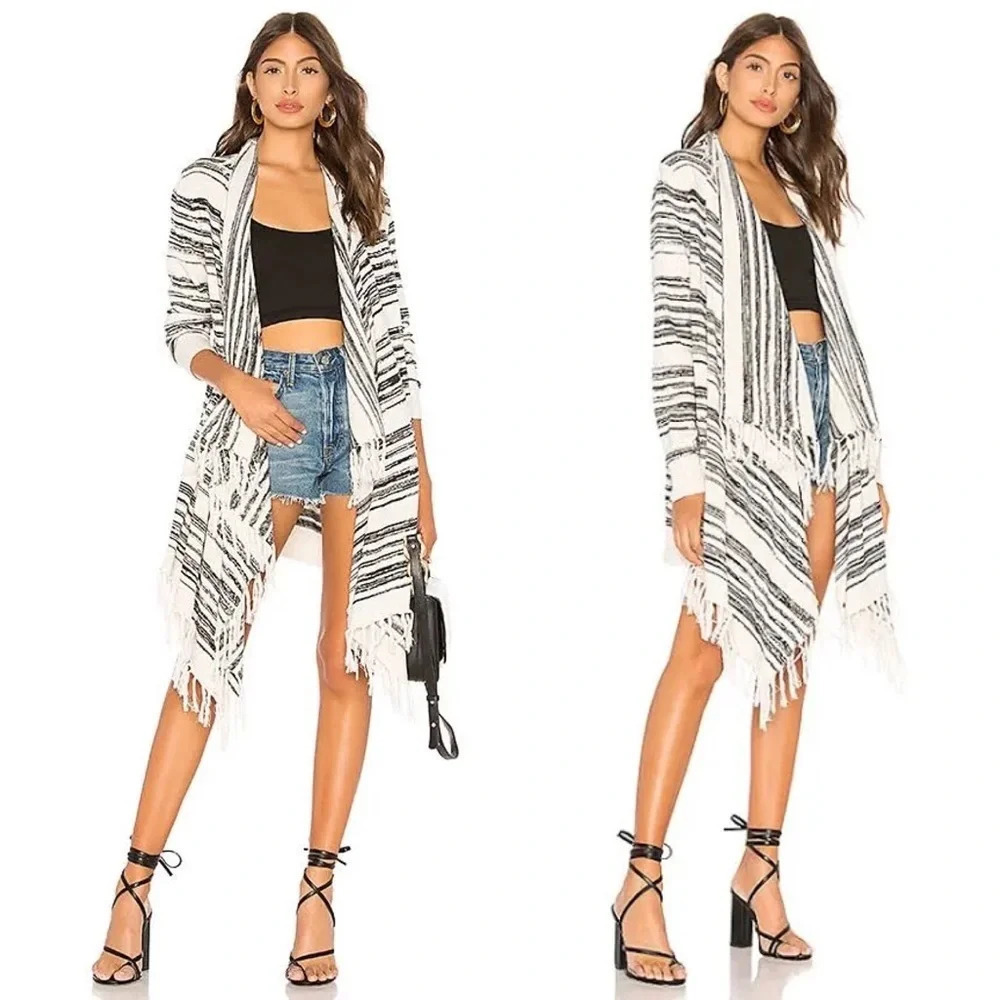 Chaser Linen Long Sleeve Fringe Trim Drape Front Duster Cardigan Size Xs
